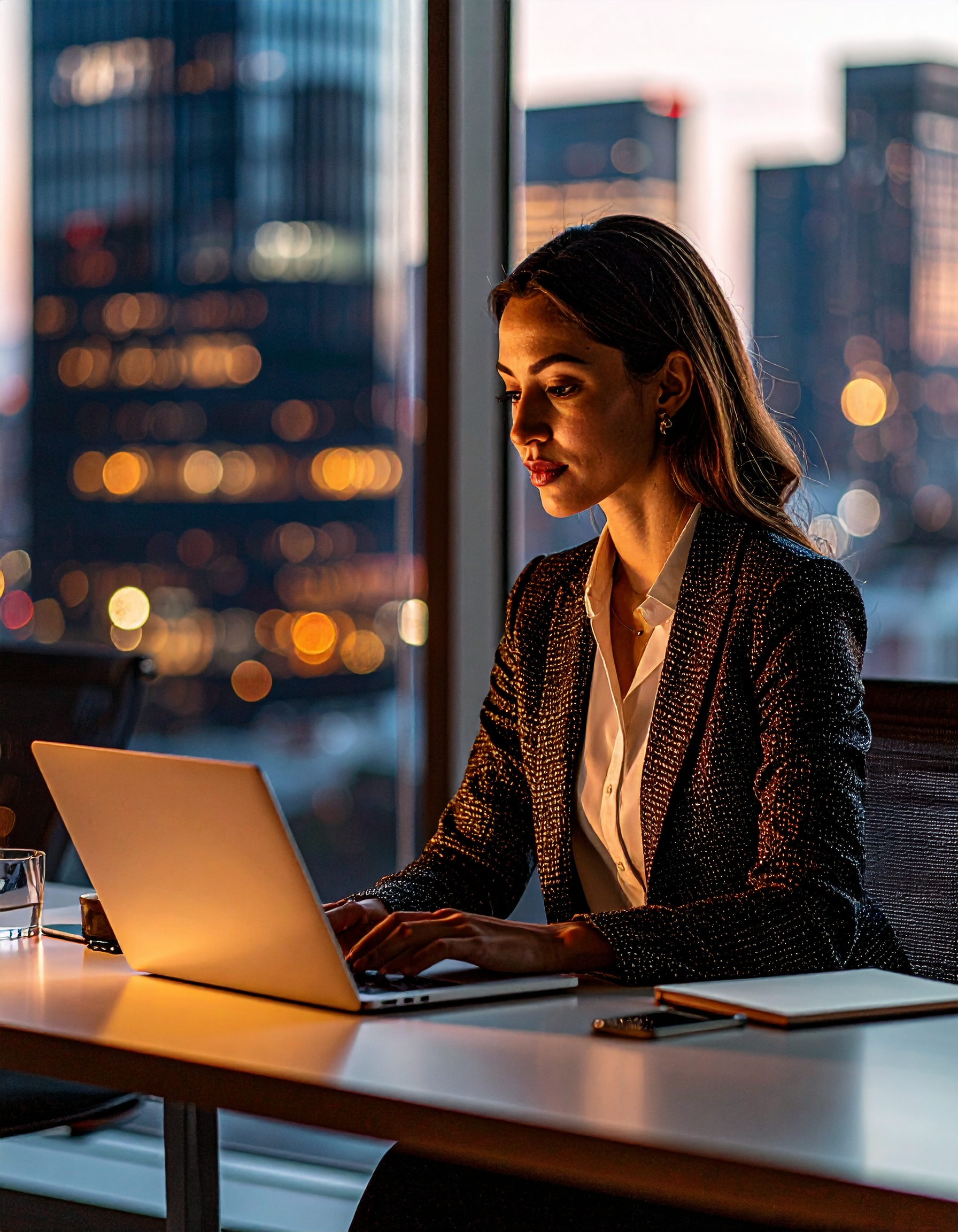 Executiva focada trabalha em laptop em escritório moderno, com vista noturna da cidade iluminada. Ambiência de concentração e profissionalismo em ambiente urbano sofisticado.